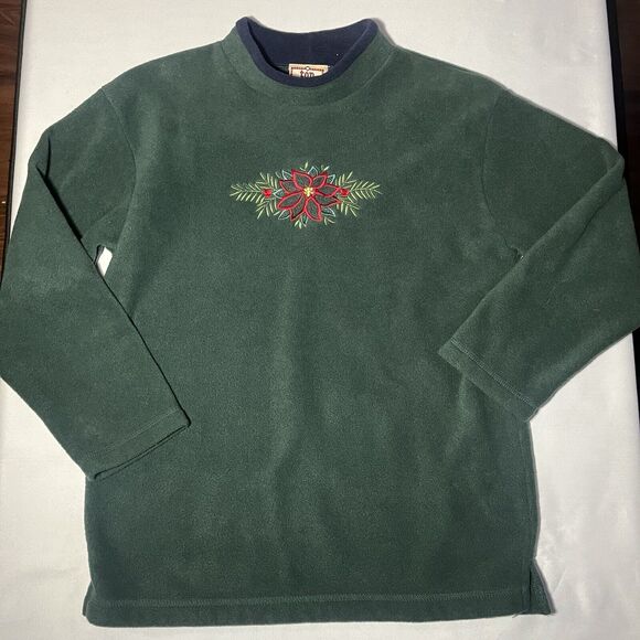 VTG Top Stitch Fleece Sweatshirt Womens M Green Floral Christmas Holiday Embroid - Picture 1 of 7